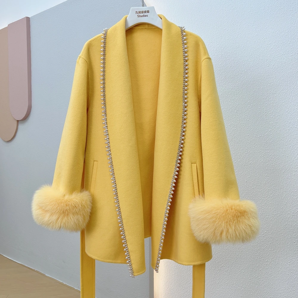 

Autumn and winter new Fox Fur Coat double-sided cashmere coat women's mid-length bathrobe woolen coat Wool 90% Cashmere 10%