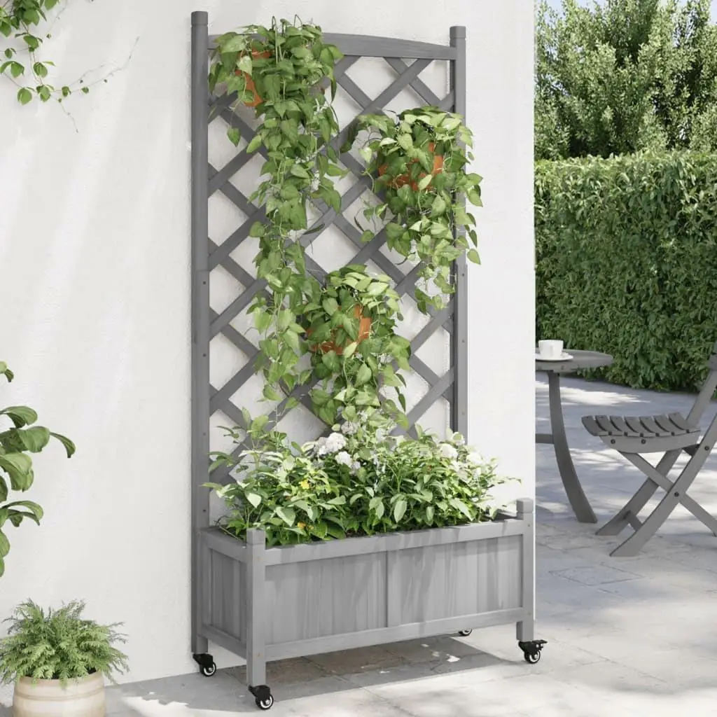 Grey Solid Wood Fir Planter with Trellis & Wheels for Easy Mobility - Stylish Garden Decor