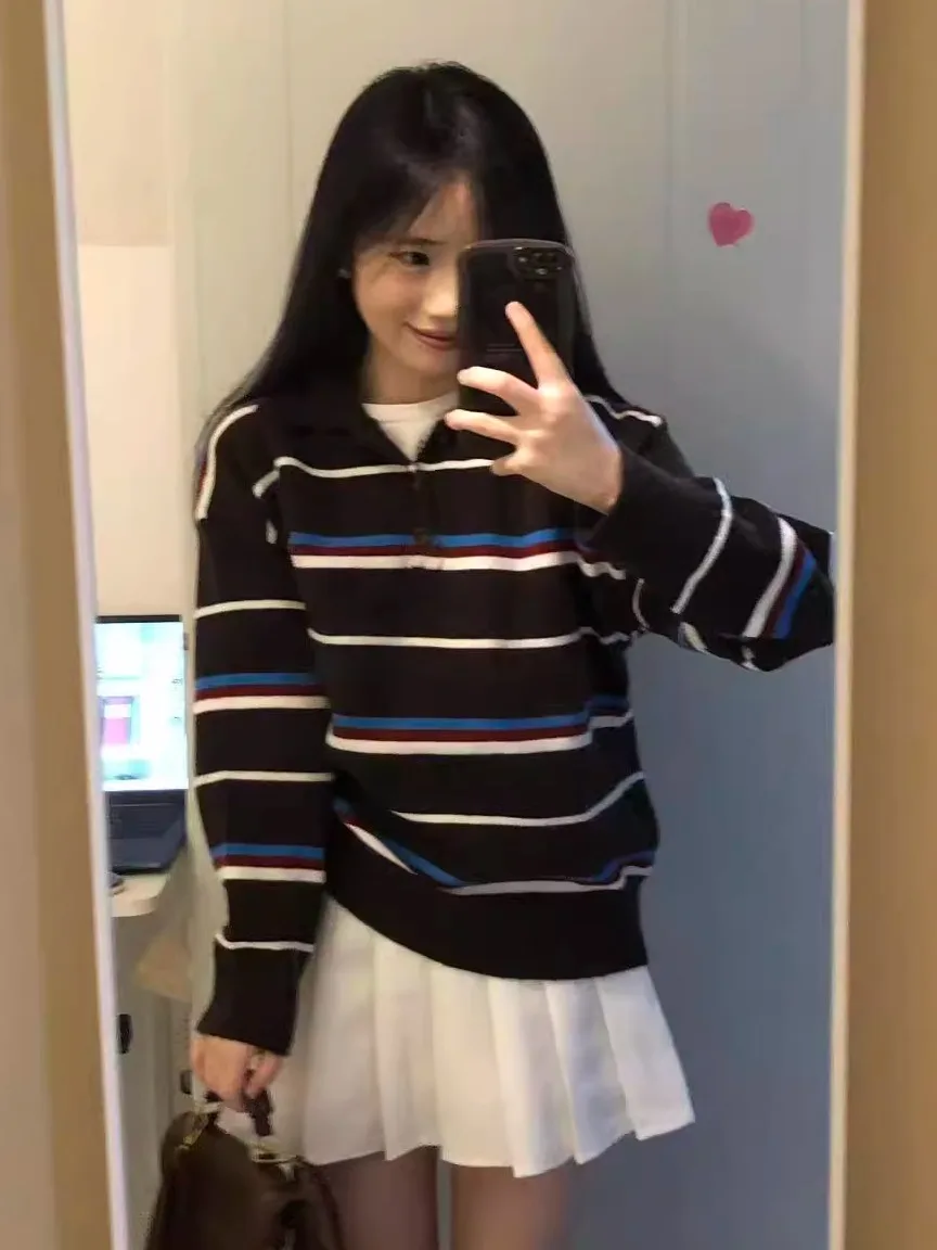 

Loose Fit Women's Ne Striped Knitwear Soft Korean Sle Long Sve Thermal Daily Wear Inspired Casual Sweater