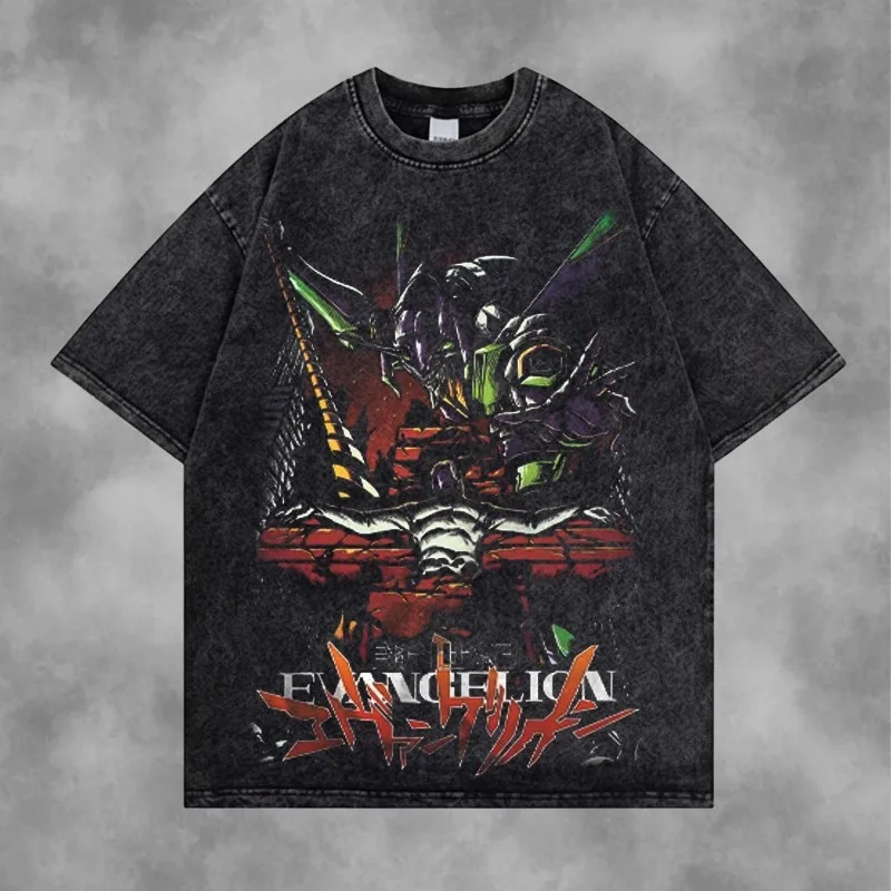 Neon Century Evangelion Warrior Style Washed Anime Geschenk für Herren Y2K T-Shirt Sommer Neuer Anime-Stil Unisex