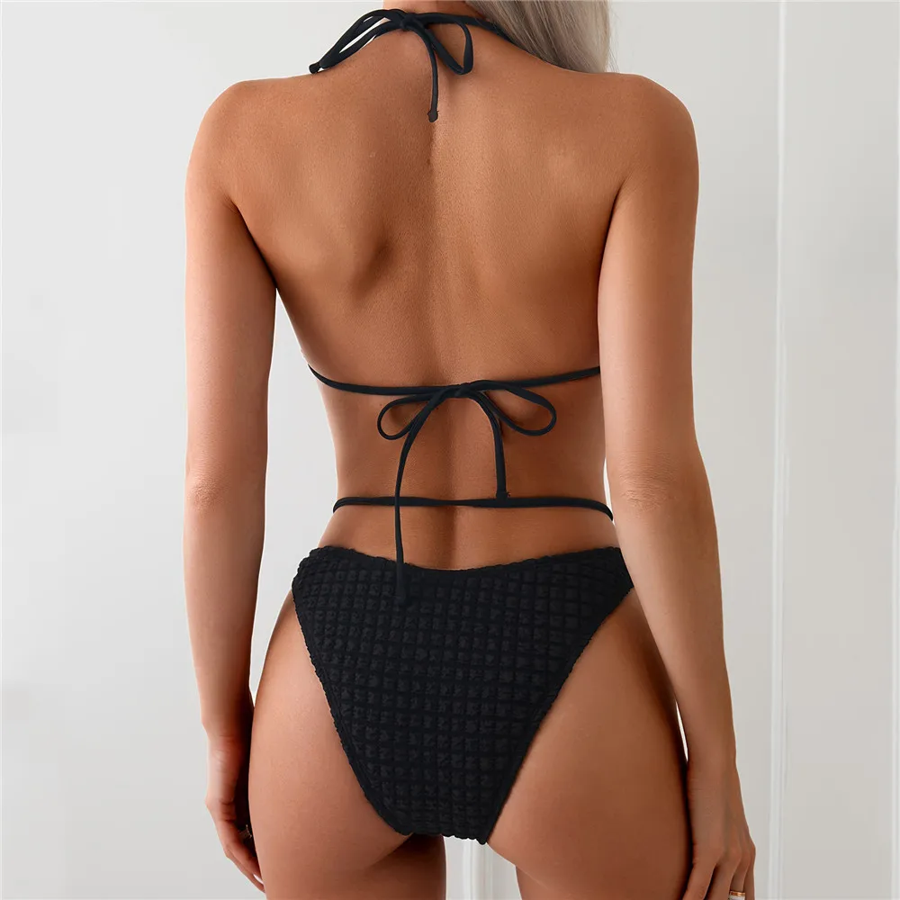 Parel String Halter Driehoek Bikini Sets 2025, Effen Zwart Badmode Sexy Badpak Vrouwen Hoge Been Uitgesneden Badpak Bikini Dames