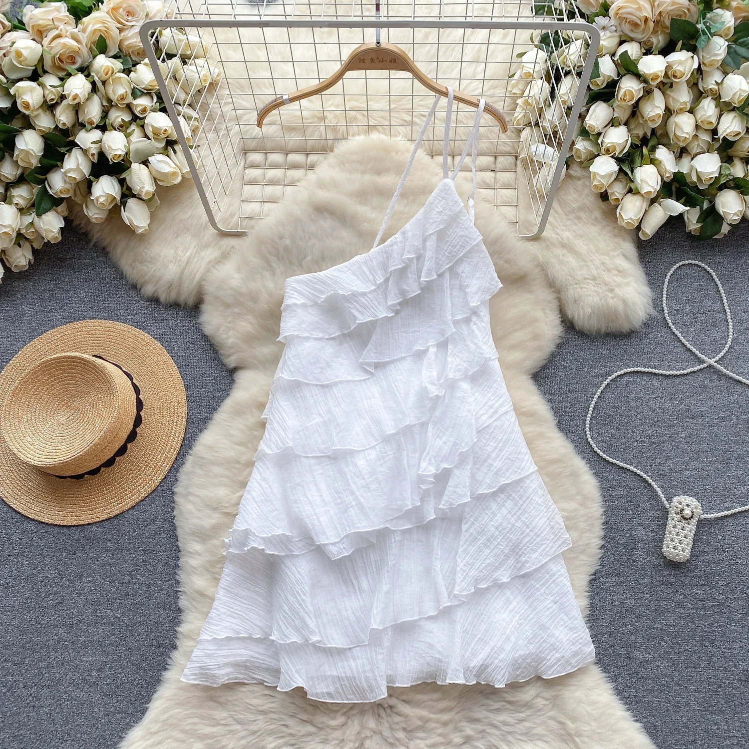 Fashion Flounced Edge Tierred Vocations Vestidos Female Exposed Shoulders Dresses White Dress Dress for Women Maxi Dress