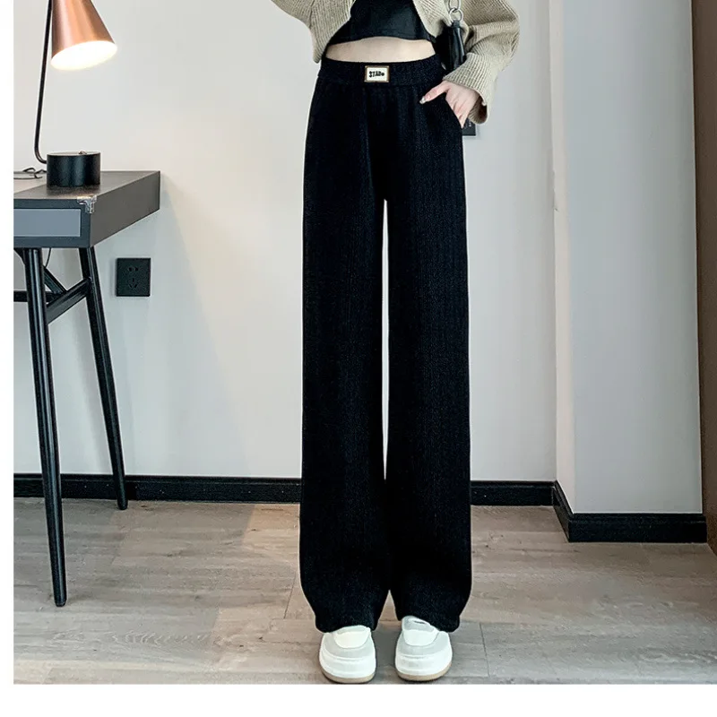 

Вязаные штаны из синели с очень высокой талией, удобные свободные прямые брюки, утепленные флисом, ребристые штаны