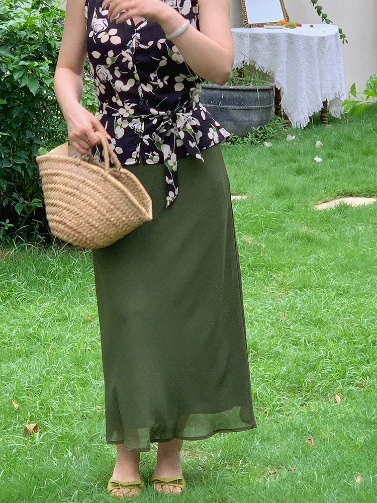 Yuan Ying Vintage Green Chiffon Maxi Skirt Women Summer Thin Straight Cut Half Skirt High Waist Polyester Fiber 45 Degree Angle