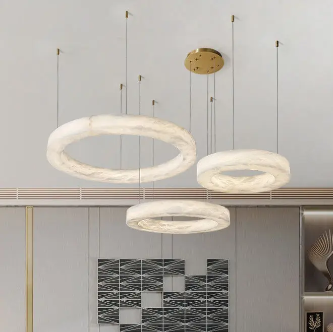 Custom Indoor Decoration Lighting Restaurant Modern Luxury Alabaster Marble Lampshade Adjustable Height Ring Pendant Light