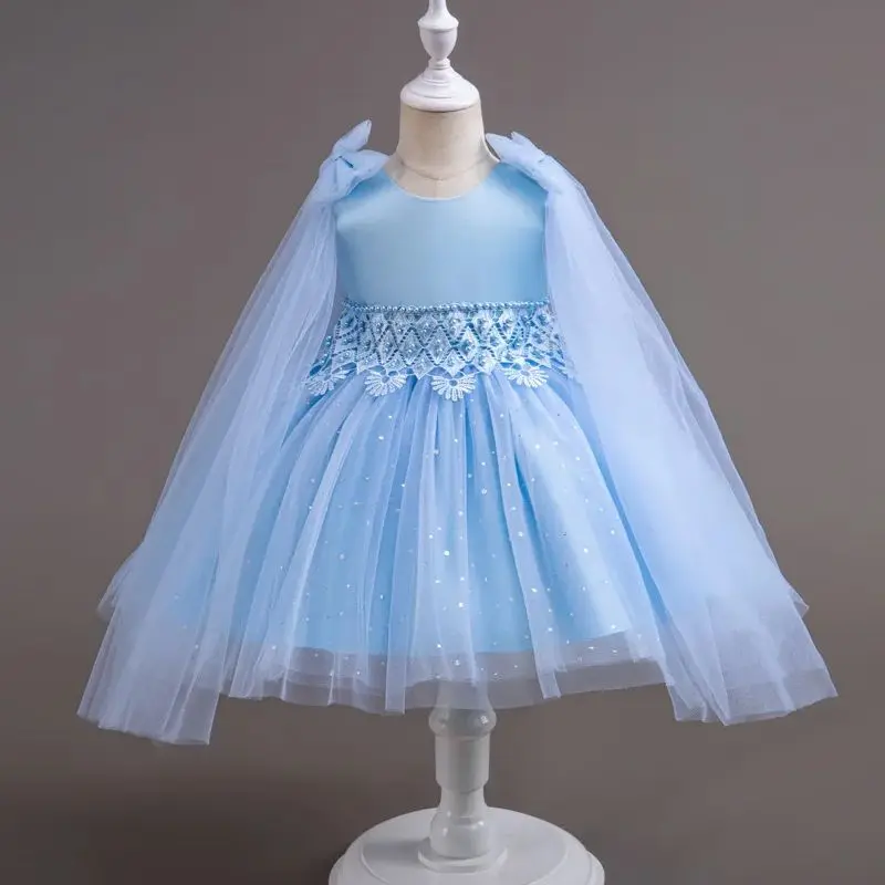 Kids Girls Party Dresses Bow Sleeve Flower Dress For Children Birthday Princess Wedding Formal Evening Lace Christening Gown