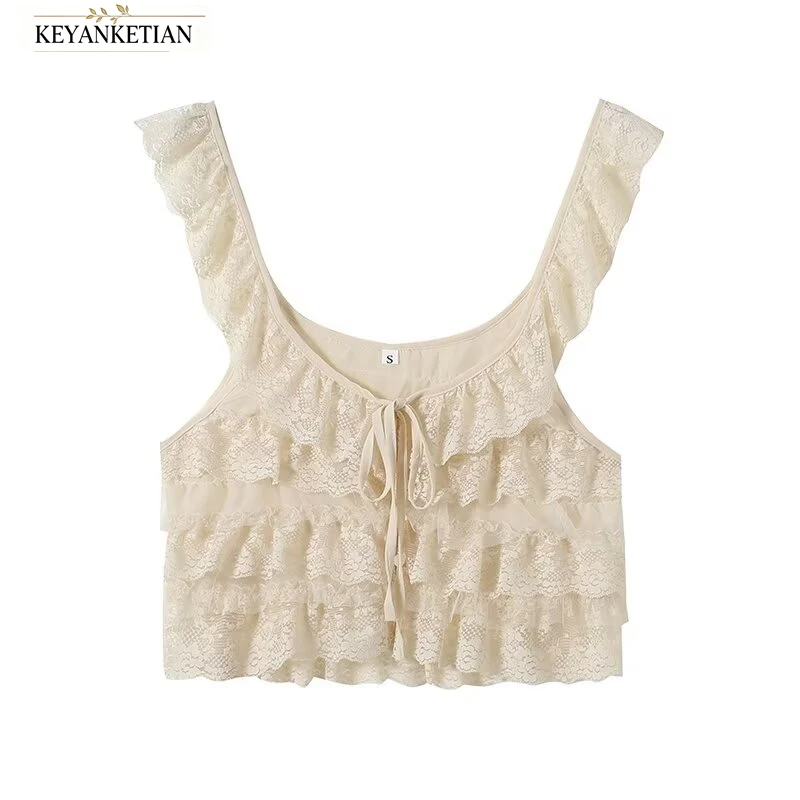 KEYANKETIAN 2026 Ruffled Lace Cami Top U Neck Front Self Tie Multi Layer Ruffle Sleeveless Cropped Sweet Casual Camisole