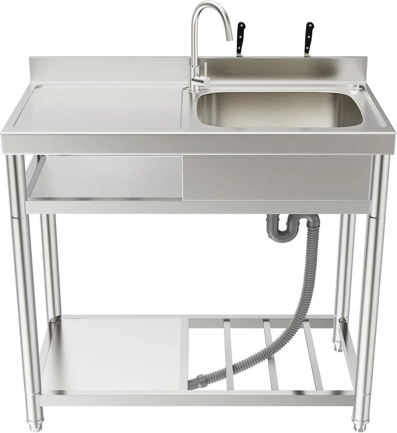 304 Stainless Steel Single Bowl Utility Sink Set, Commercial Restaurant Kitchen Sink