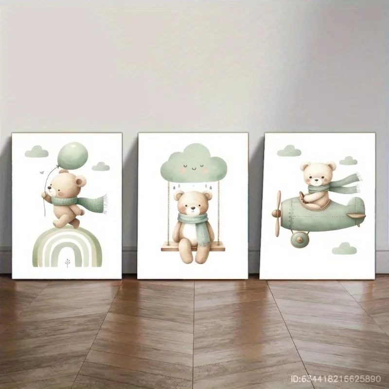 （NoFrame 3PCS）-2D Flat, 2D Flat, 2D Fiat, a Set of Three Unframed Canvas Prints Featuring Modern Wooden Airplanes, Rainbows,