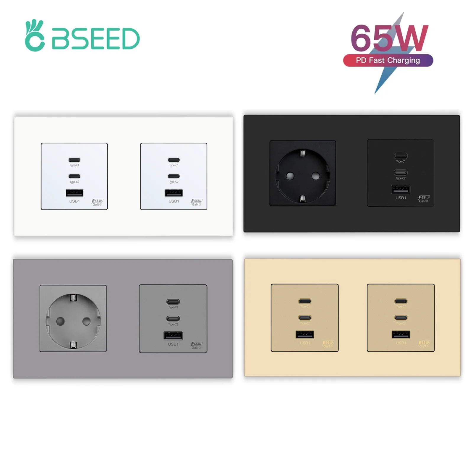 BSEED 65W USB C Wall Sockets Double Type-c USB Fast Charging Power Ports For Computer Phone With EU Socket Plastic Frame 157mm