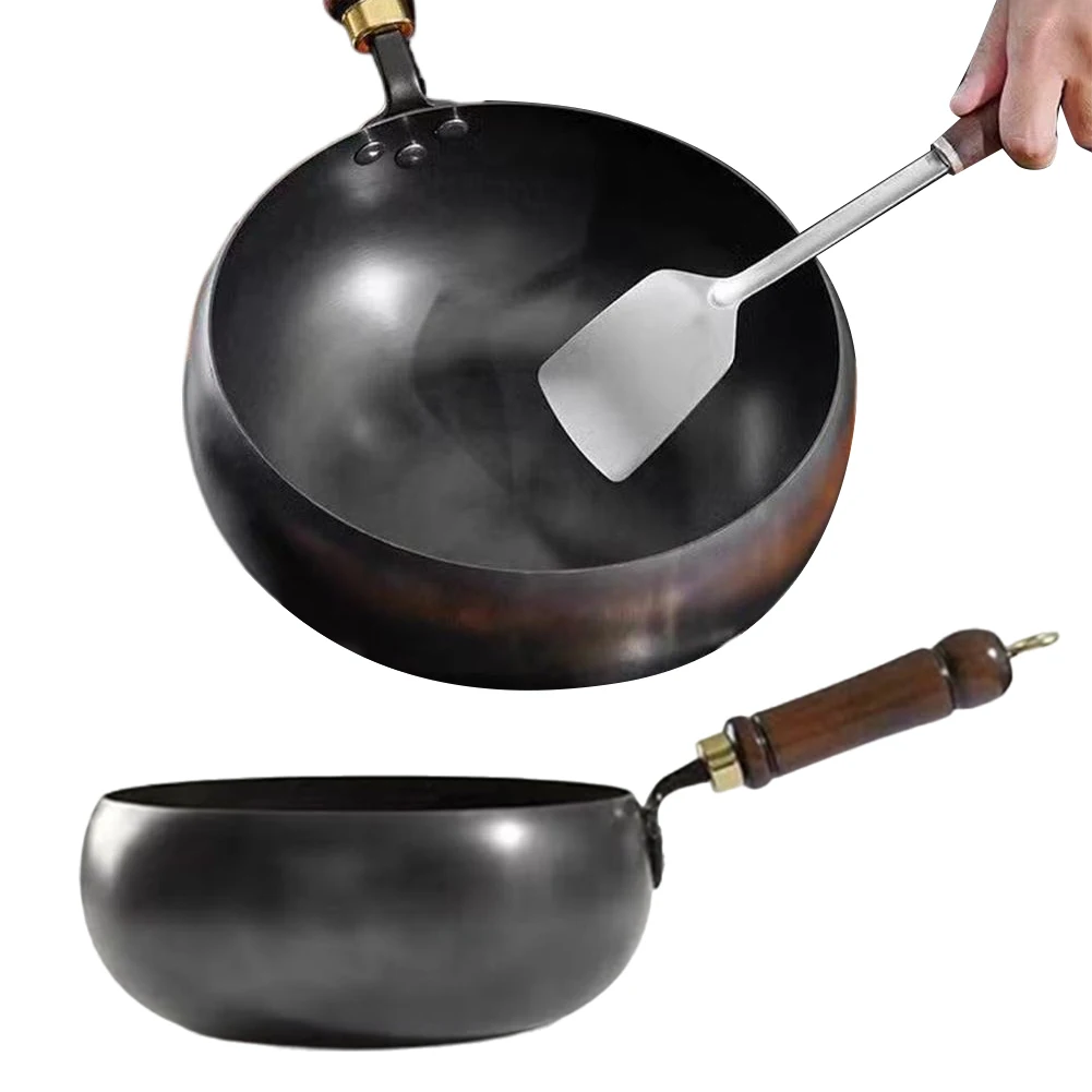 

24 см китайский вок с плоским дном железная сковорода с деревянной ручкой железный вок для дома, кемпинга, ресторана, отеля, кухни