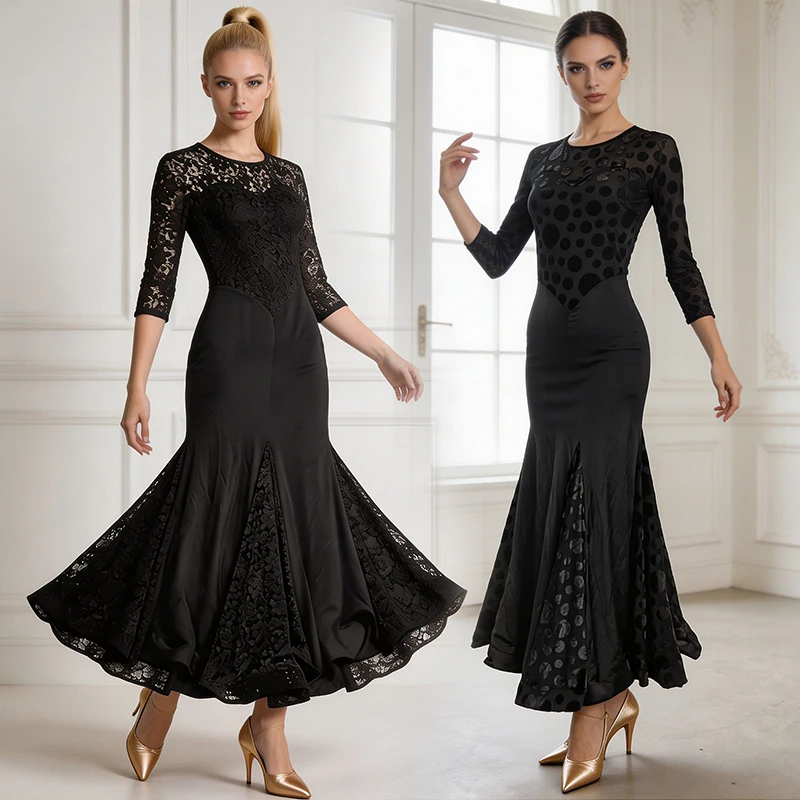Neues Ballsaal-Tanzkleid für Damen, schwarze Spitze, lange Kleider, Standard-Modern-Tanz-Outfit, Walzer-Tanz-Trainingskleidung für Erwachsene, VBH2807