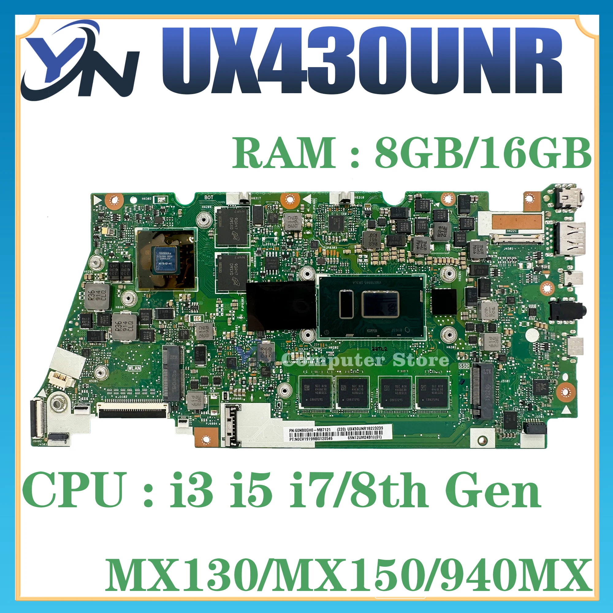 UX430UQ Motherboard For ASUS ZENBOOK 14 UX430 UX430UN UX430UNR UX430UQK Laotop Mainboard I5 I7 7th 8th Gen 8G 16G RAM V2G