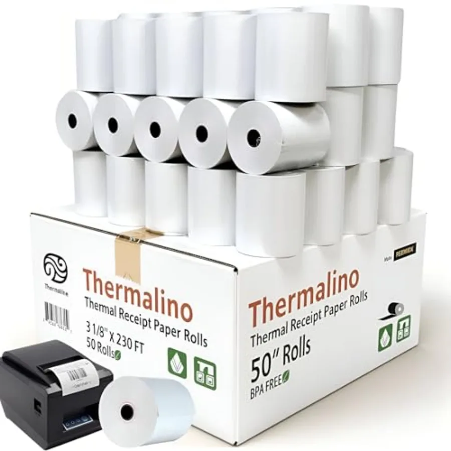 Paquete de Rollos de Papel Térmico para Recibos POS' 3 1/8 x 230, Premium, 55 GSM, Libres de BPA, para Todos los Sistemas POS y Cajas Registradoras