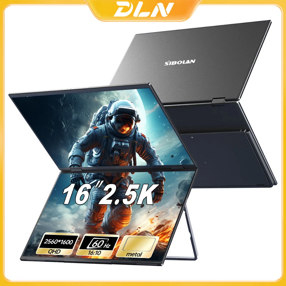 DLN 16 inch Portable Monitor Dual Screen Laptop Foldable Metal Extender 16:10 2.5K 60Hz USB-C HDMI Port for Gaming & Mac, Wins