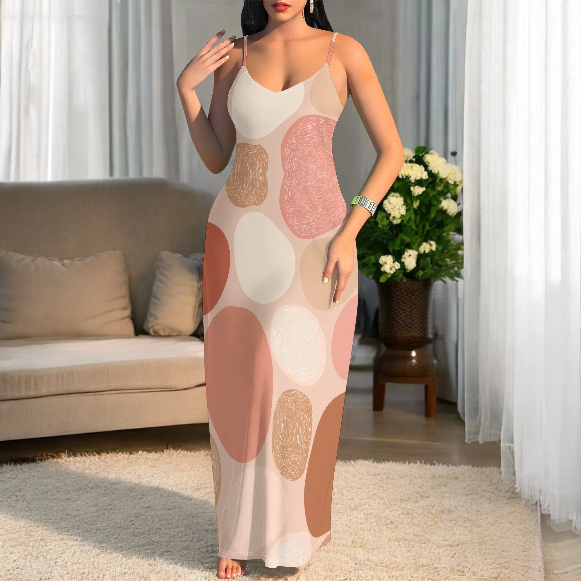 

Women's Abstract Print Maxi Dress V-Neck Spaghetti Strap Sleeveless Slim Fit Dress for Casual Holiday Vacation Wear XS-3XL