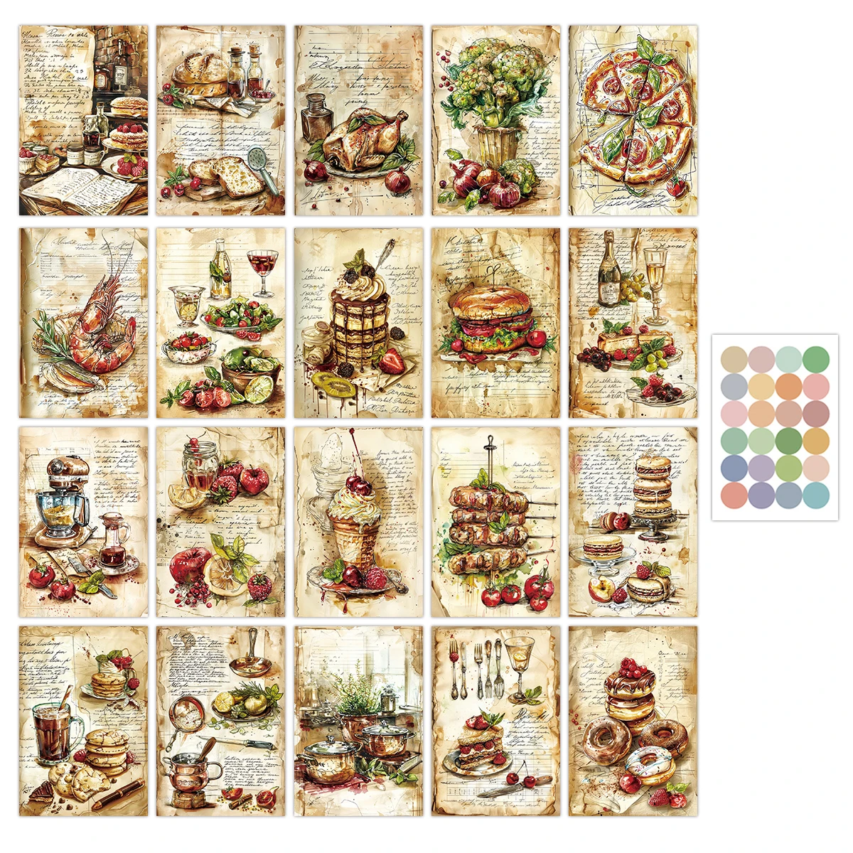 20 Stück Vintage-Gourmet-Postkarten, Lebensmittel-Kunst-Wanddekoration für Küche, Galerie, Geschenk-Grußkarten für Backbegeisterte, Partygeschenke