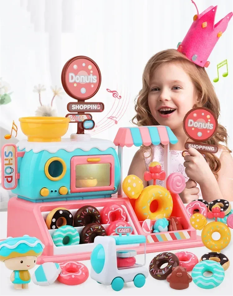 Lights and sound Donut Candy truck toy supermarket roaster oven delivery car kitchen food set play house toys for kids best gift