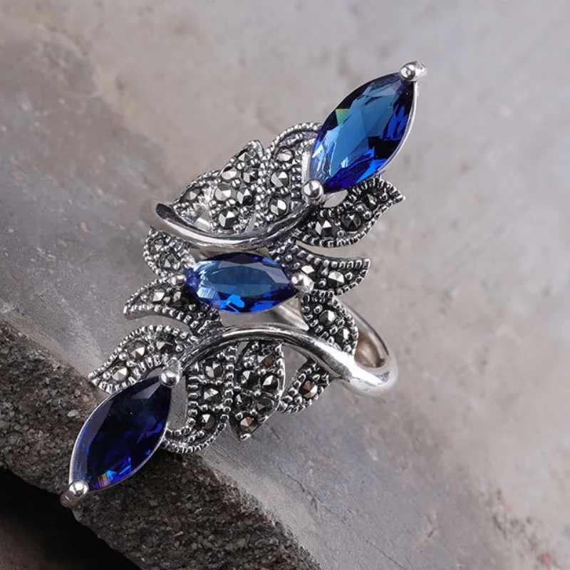 S925 Sterling Silver Rings for Women Men New Fashion Hollow Leaf Pattern Cutting Surface Blue Corundum Jewelry Wholesale