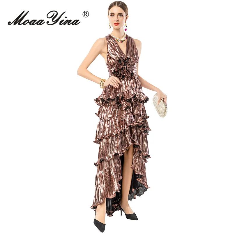 MoaaYina 2026 Spring Women's New Fashionable Light Luxury V-neck Sleeveless Backless Cross Shoulder Strap Waist Long Dress