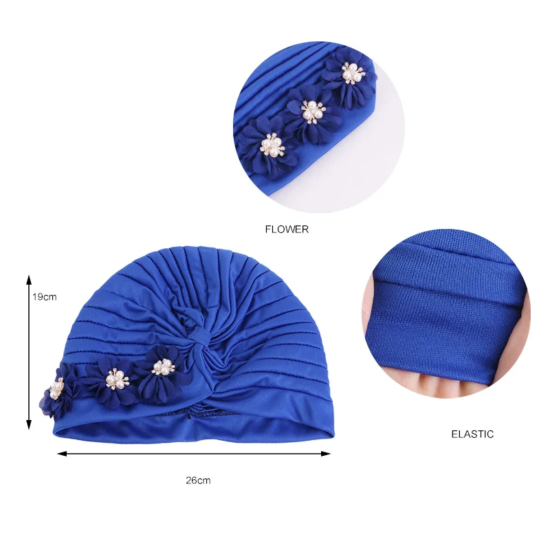 Flower Pearl Turban Pleated Inner Hijab Hat Women Chemo Cap Muslim Headscarf Beanies Bonnet Arab Islamic Hair Loss Turbante