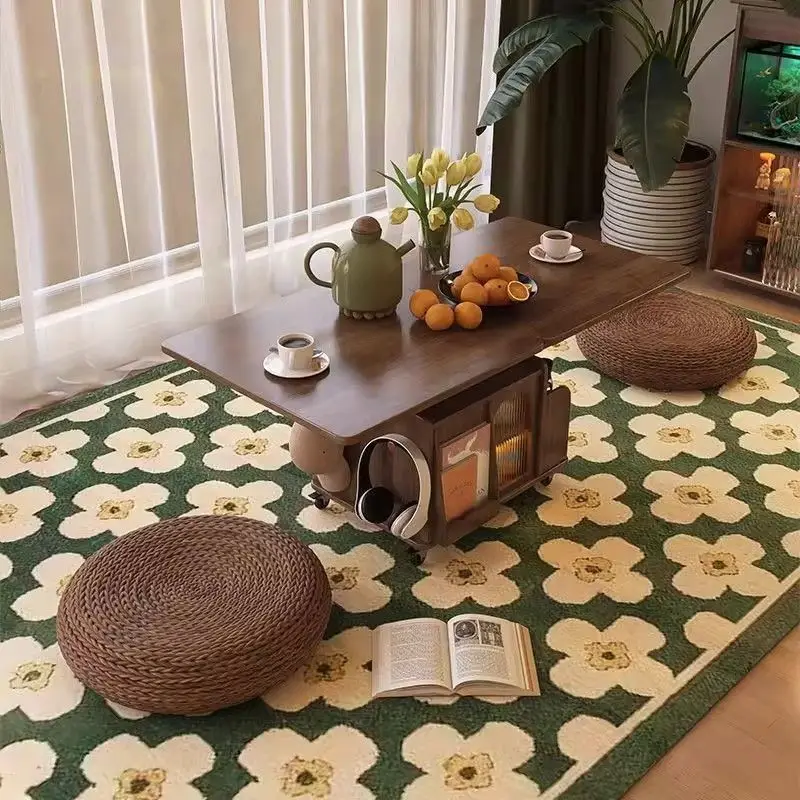 Solid wood movable coffee table multi-functional lifting and folding edge table