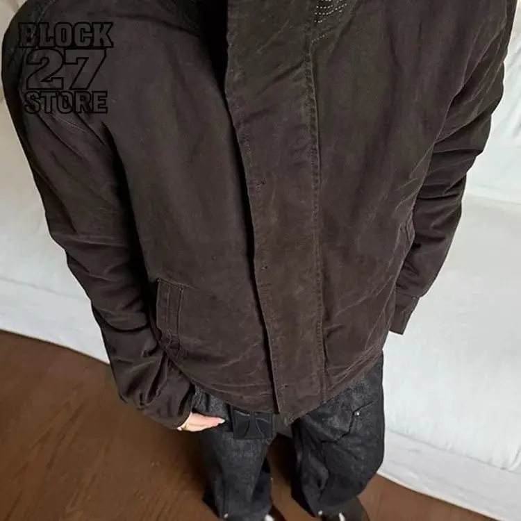 Mens Jacket Harajuku Heavy Washed Rabbit Fur Stand Collar Coat Winter Thick Warm Outerwear Retro Streetwear Fashion Style  New