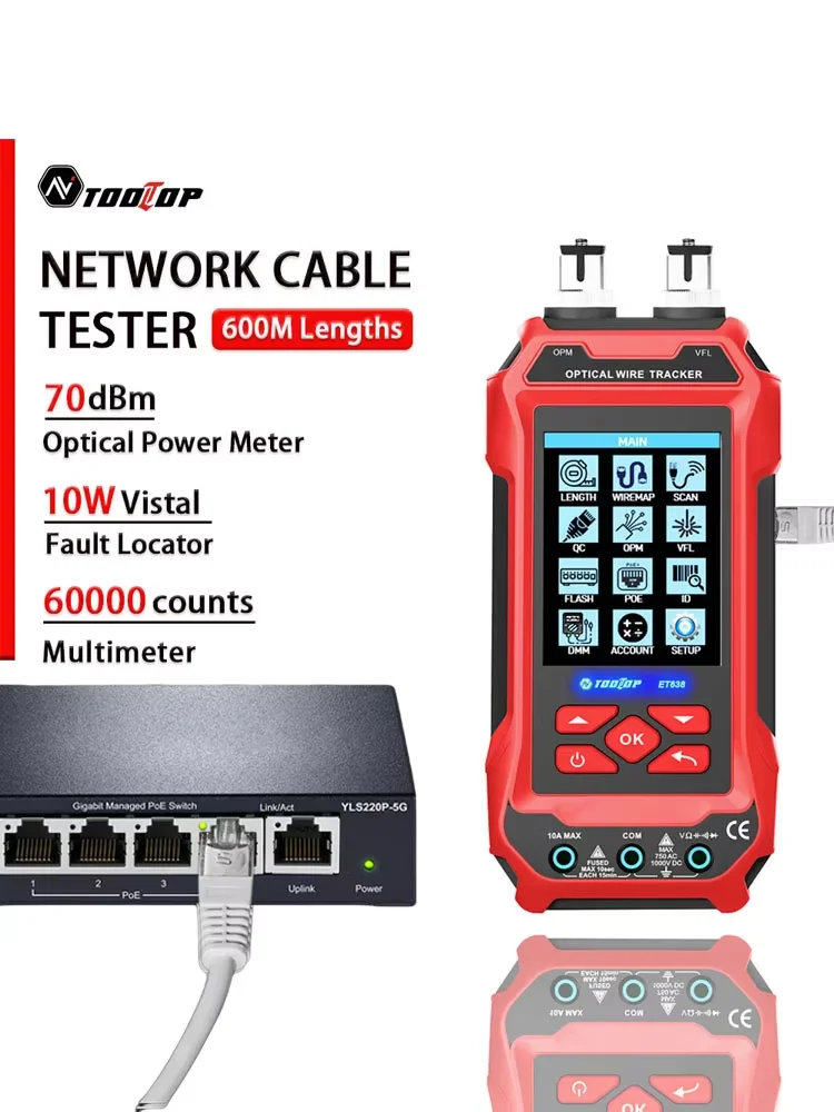 TOOLTOP ET638 Netwerkkabeltester 60000 tellingen Multimeter Optische vermogensmeter POE Test Lan Netwerktester met 7 stuks ID-afstandsbediening - afbeelding 2