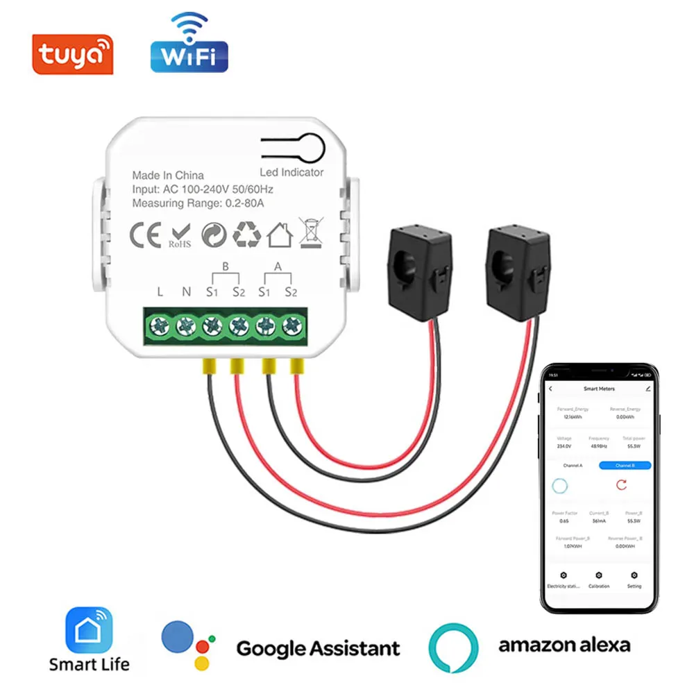 Tuya WIFI Smart Energy Meter Production Consumption Monitoring Meter APP Control with 1/2CT Electricity Statistics 50/60Hz