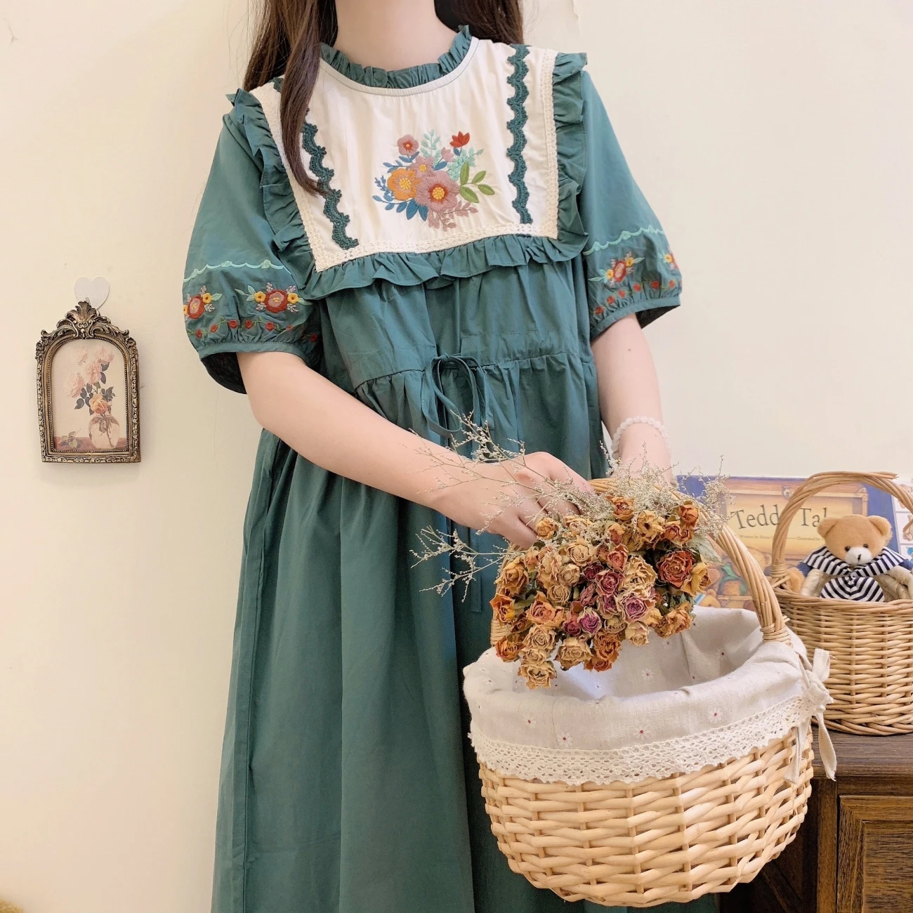 Women Vintage Sweet Cotton Victorian Rococo Dark Green Midi Dress Summer Retro Chic Kawaii Cute Cottagecore Lolita Long Dress