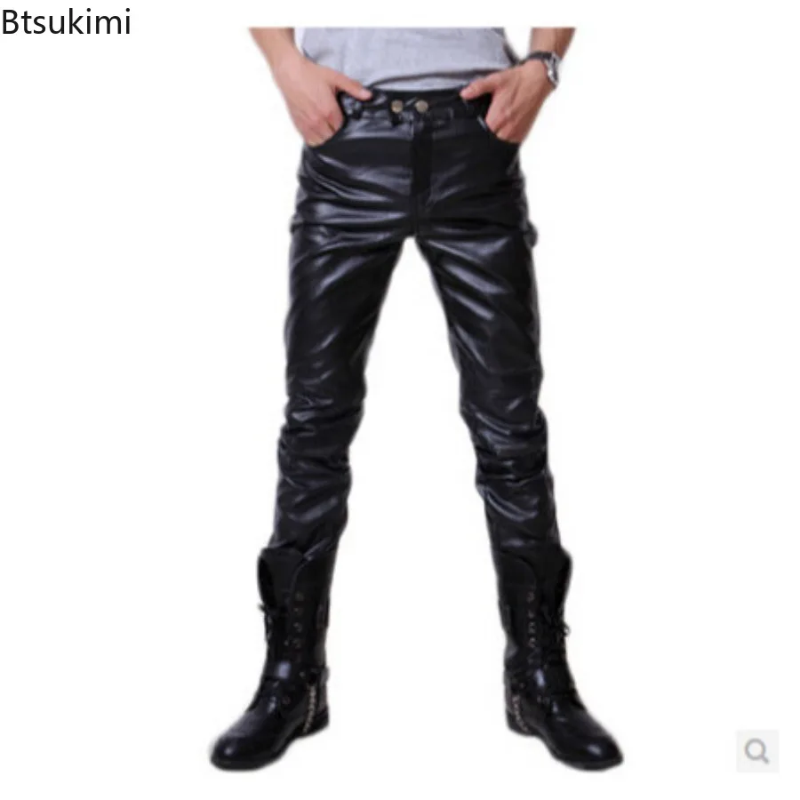 

New Men's Stretchy Leather Pants Autumn Winter Korean Style PU Leather Motorcycle Skinny Pants Party Nightclub Wear Male Pants
