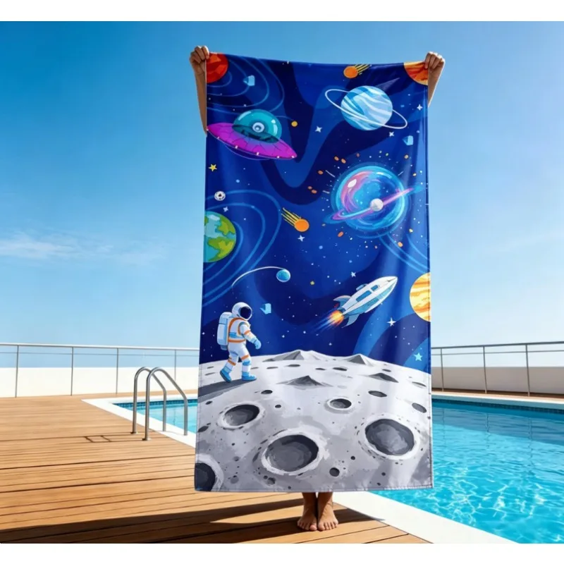 Cartoon Space Themed Beach Towel, Microfiber Sand Free Quick Dry, Kids Astronaut Planet Print, Soft Absorbent for Summer & Pool