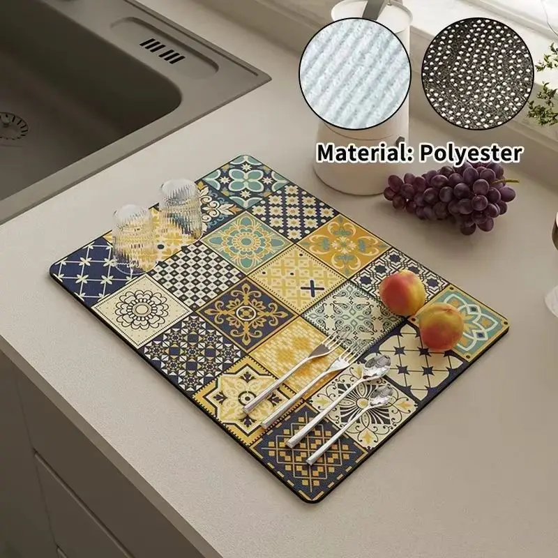 Moroccan Tile-Patterned Dish Rack Mat, Absorbent and Quick-Drying Countertop Mat, Coffee Table Mat, Home Decor