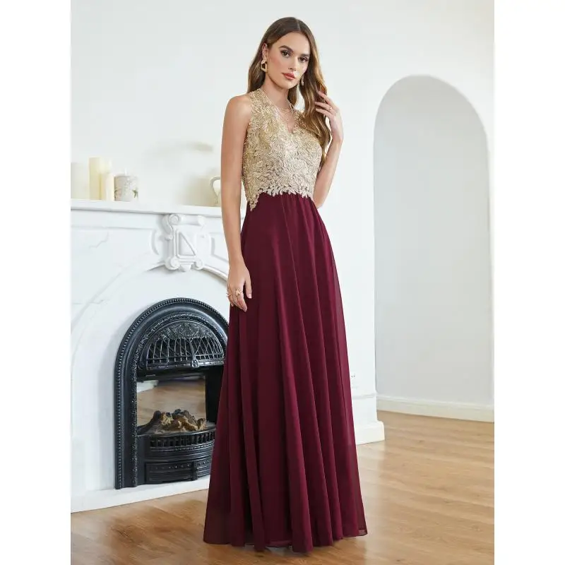 Hot Sale Elegant V-Neck Sleelvess A Line Sparking Gold Appqulies Prom Formal Dresses Women Chiffon Gown Wedding Party Evening