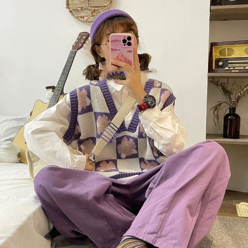 Purple 2 Pcs Sets Women Baggy Lovely Printed Knitted Sweater Vests Preppy Style Gentle Vintage Shirts Harajuku Ins Daily Outfits