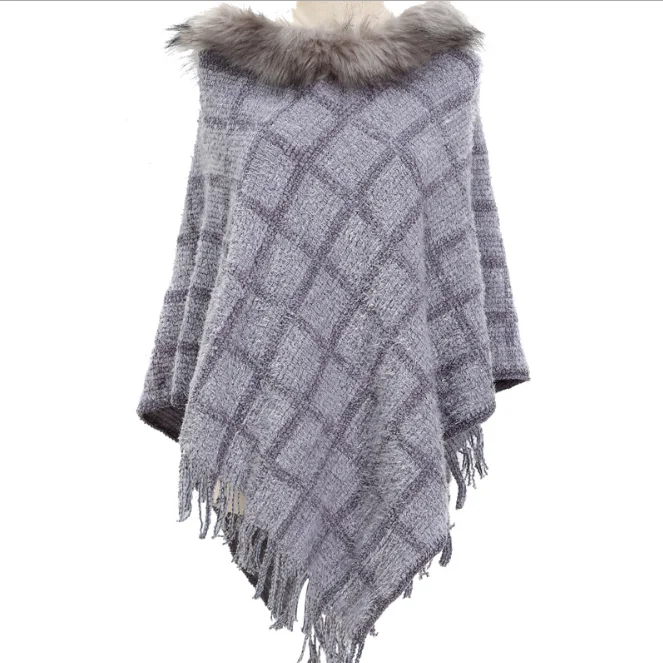 Chenille Wool Collar Cloak Hot Selling Plaid Knitted Shawl Autumn Winter Warm Large Pullover Female Girl Sweater Coat Black