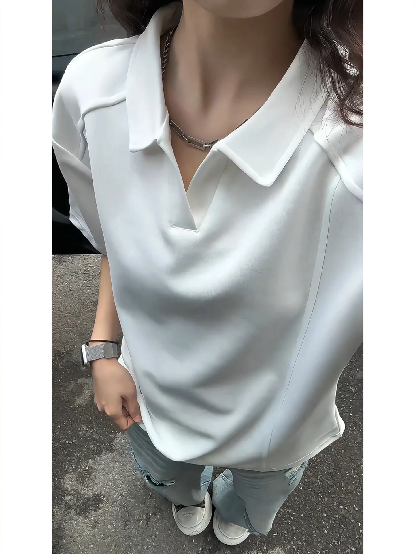 

American Sle ort Sve irt with Owl Collar Boxy Fit Men's T-irt f Sve Deconstructed Couple's irt