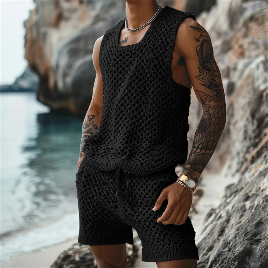 2024 Summer Men\'s Casual Knitted Two Piece Sets Solid Loose Tank Tops and Shorts Beach Sports Suit Men Hollow Out Streetwear