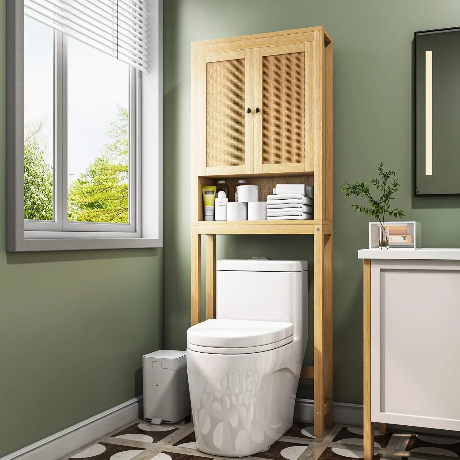 Rattan Over The Toilet Storage Cabinet, Adjustable Shelf, Behind Toilet Cabinet,Bathroom, Laundry, Wood Rack, Natural