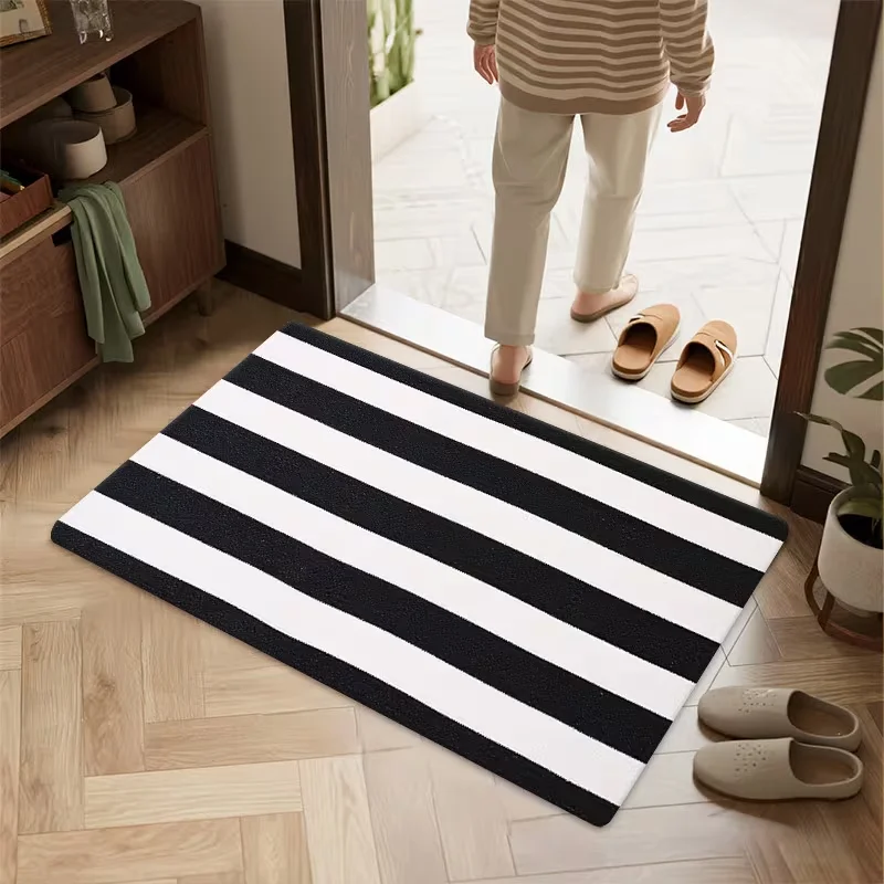 Classic Wide Black White Striped Doormat Non Slip Entry Rug Minimal Modern Stripes Pattern Floor Mat Entry Kitchen Home Decor