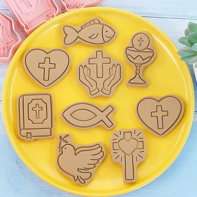 8Pcs/set Communion BiscuitMold 3D Cartoon Fondant Cutter Christian Cross Love Fish Chalice Cookie Stamps Cake Decorating Tools