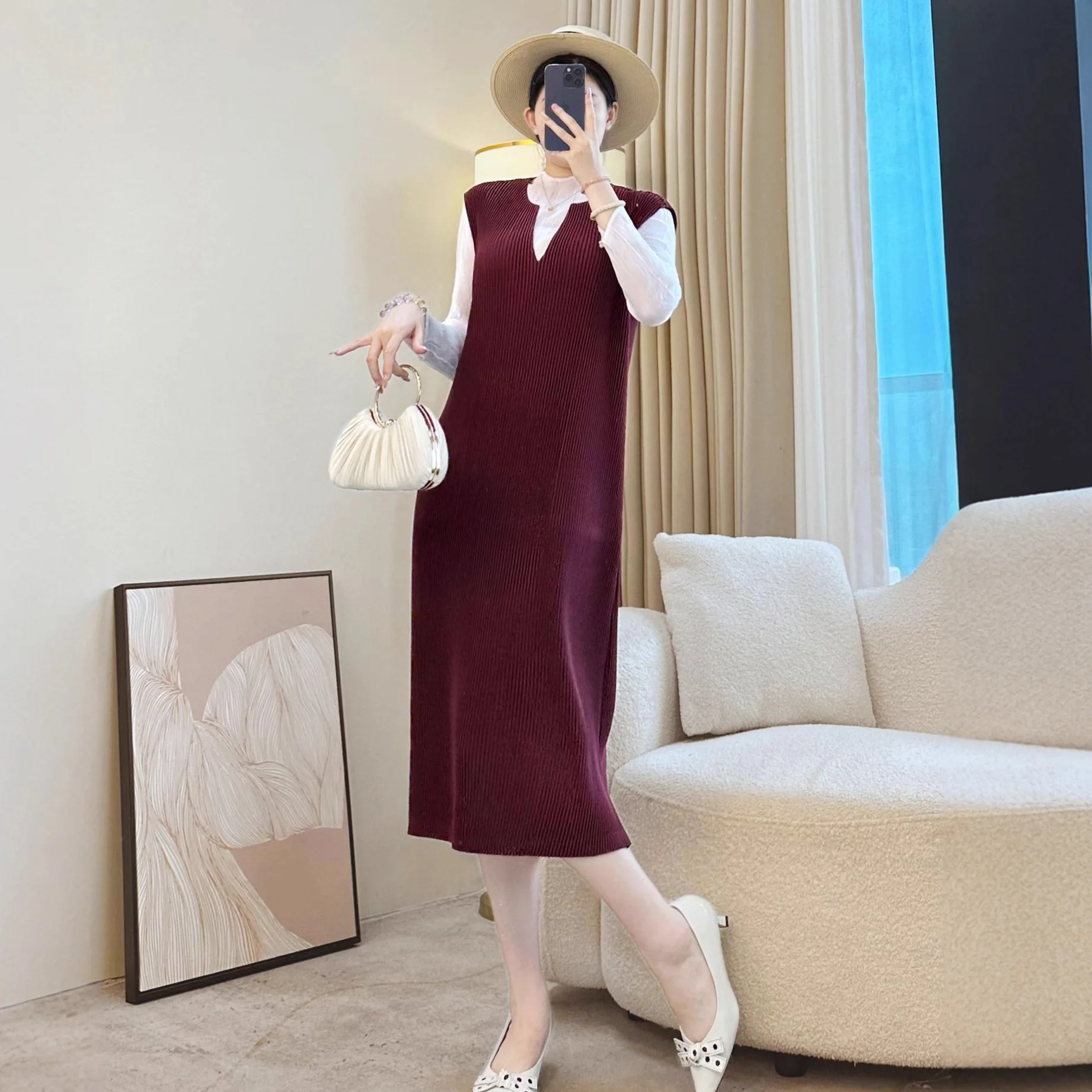 

Miyake Pleated Burgundy Vest Skirt, Solid Color Pleated Skirt, Fashionable Mother's Wedding Dress, Long Dress, 2025 Autumn New