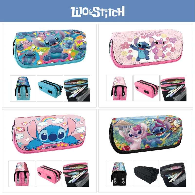 

Kawaii Stitch Angel Anime Lilo&Stitch Figures Cartoon Print Large-Capacity Velcro Zipper Double-Layer Pen Case Stationery Gift