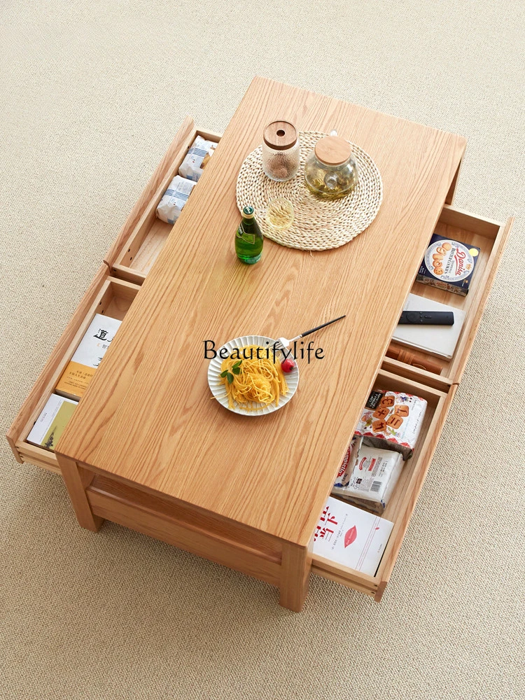 Solid Wood Double-Layer Coffee Table Balcony Tea Table Modern Minimalist Oak Living Room Coffee Table