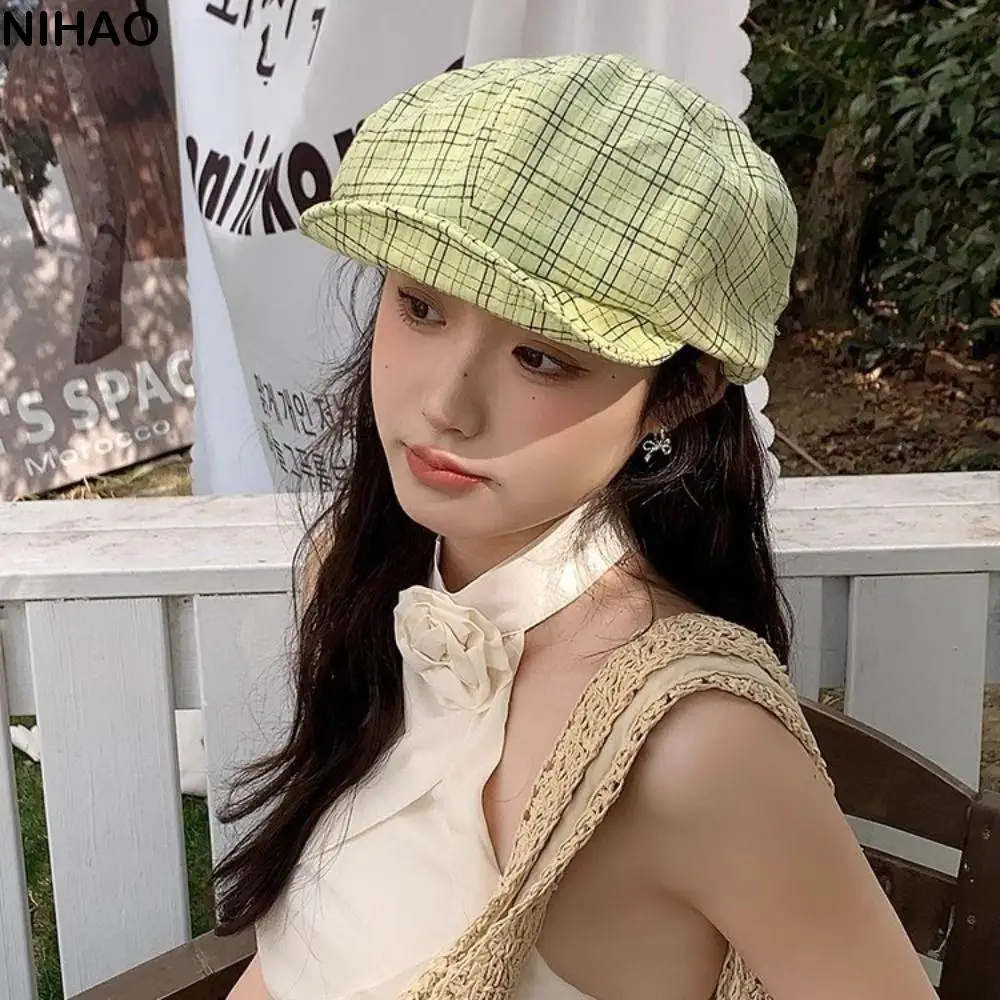

Korean Ins Green Plaid Cloud Berets Y2k Harajuku Newsboy Caps Spring Summer Casual Painter Hat Outdoor