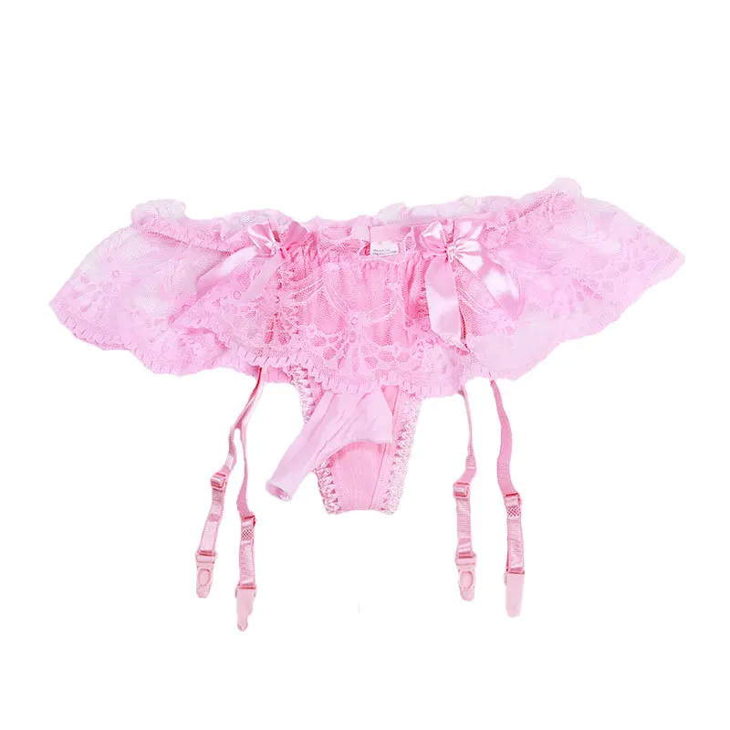 

Mens Sexy Panties Lingerie Sissy Underwear Lace Skirted Thong with Garter Belt Briefs Bulge Pouch T Back for Gay Mens G Strings