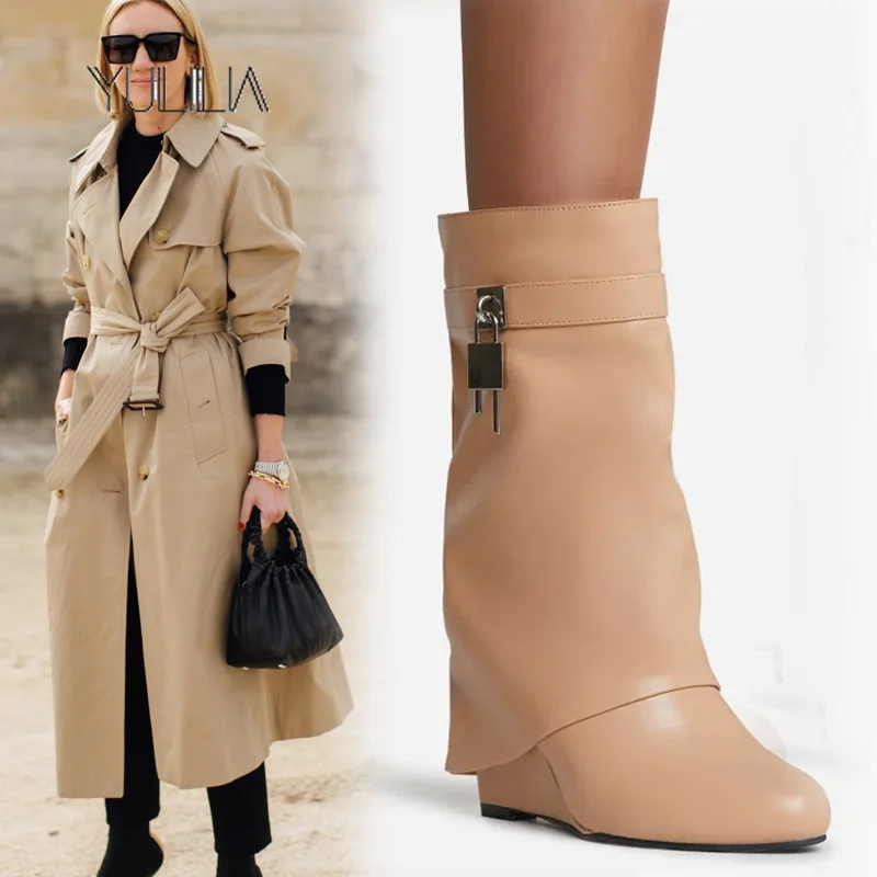 YULILIA Original Design New Retro Big Tube Women's Pointed High Heel Metal Wedge Heels Trouser Boots Large Size Knee High Boots