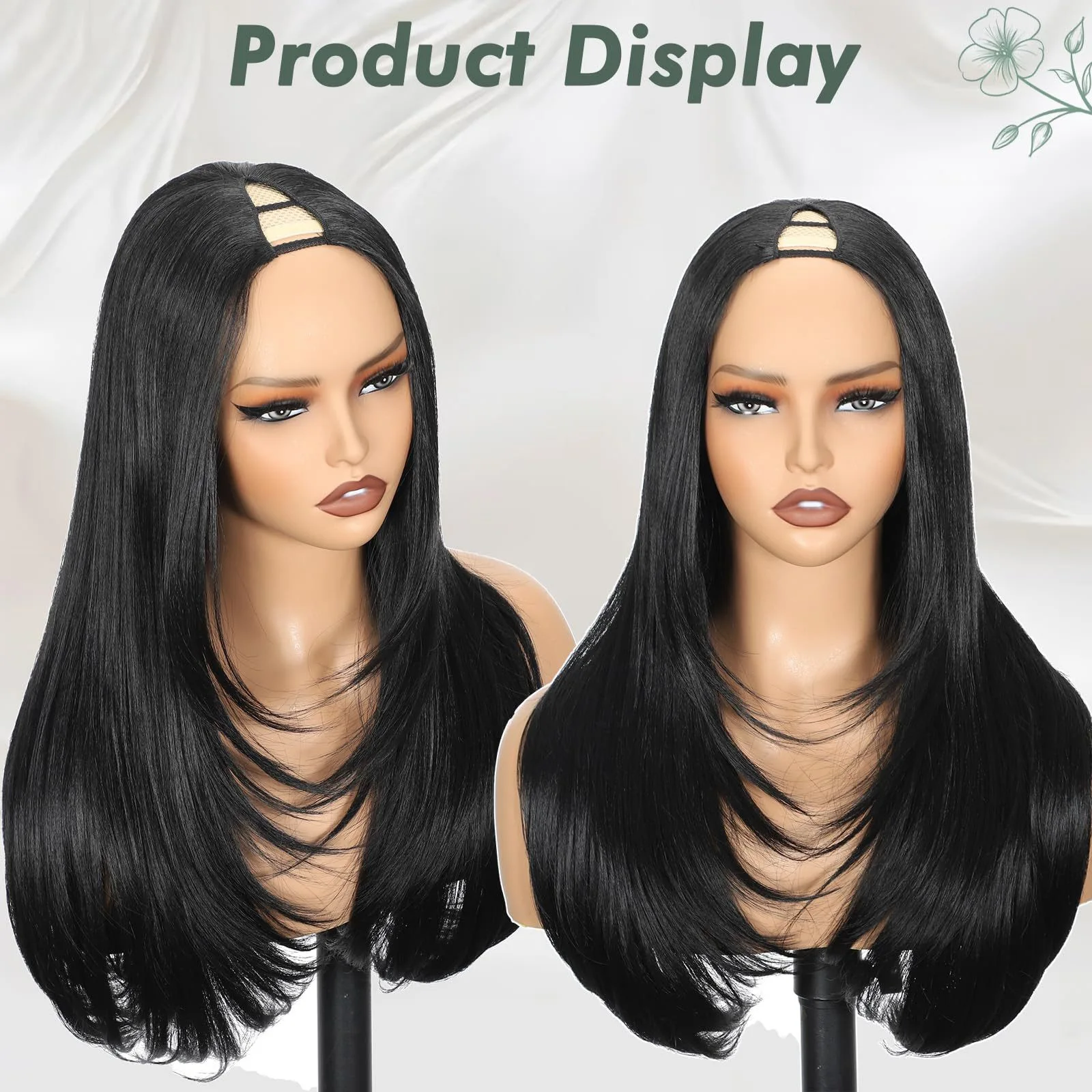 Yaki Straight Layered V Part Wig for Women Glueless Clip-In Half Head Realistic Natural Looking Heat Resistant Synthetic Hair