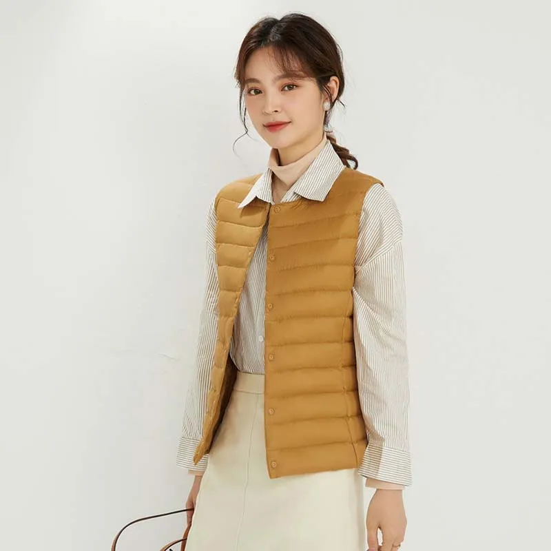 Gilets en duvet de canard ultralégers pour femmes, gilets à simple boutonnage, manteau en émail gonflé portable pour dames, automne et hiver, 2024 fibres, 0-10 ℃