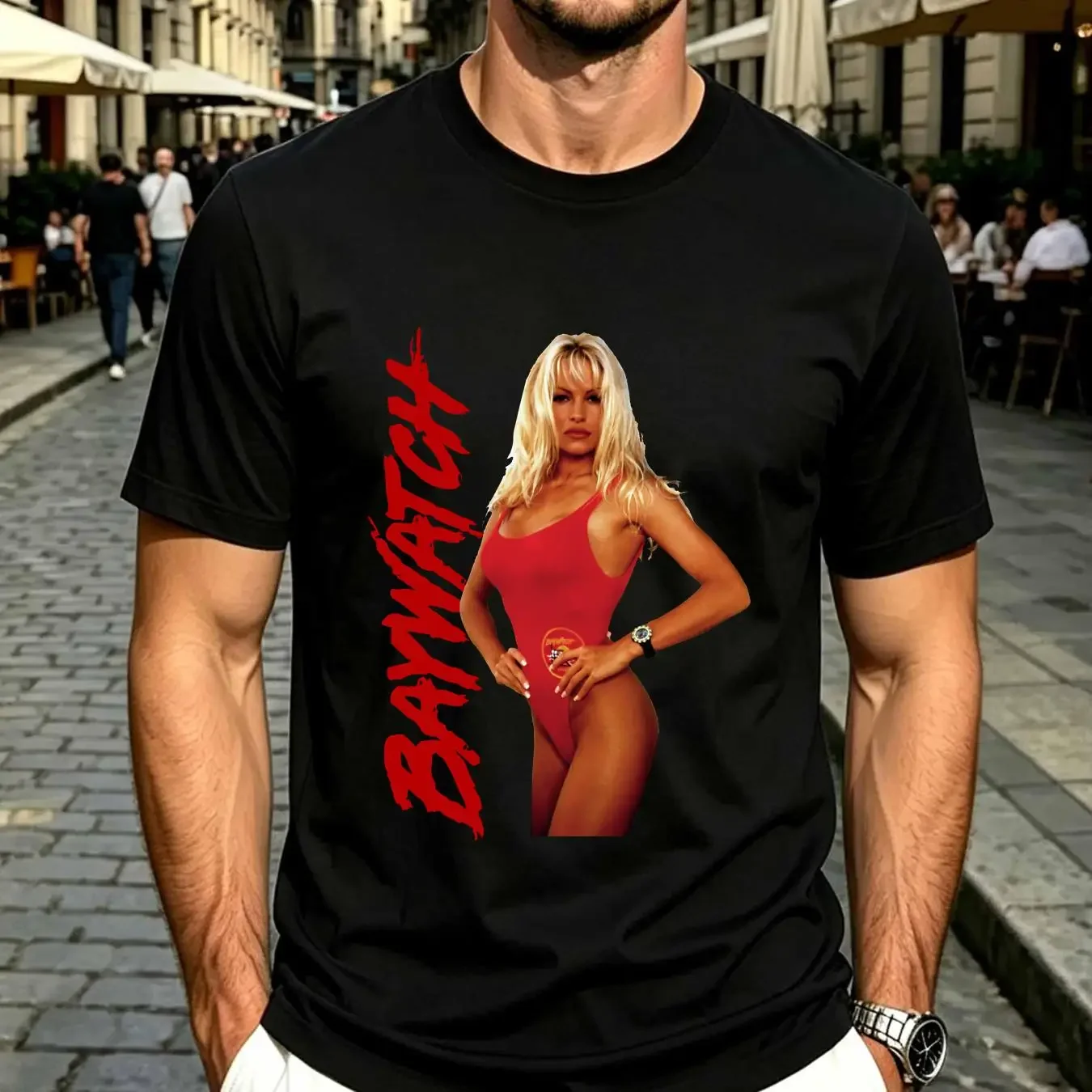 washed T Shirt Baywatch Pamela Anderson Men's Vest Beach Babe Lifeguard CJ Parker Wham vintage Washed Casual Versatile Slightly